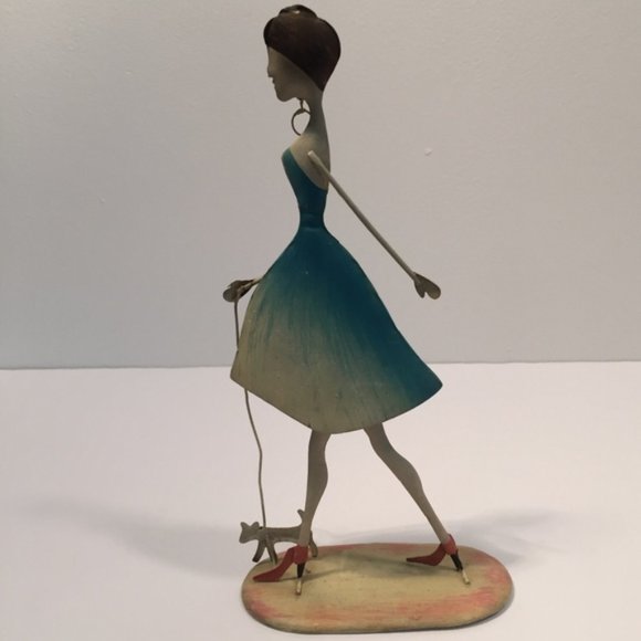 Lady Walking Spotted Dog Painted Metal Ornament - Picture 2 of 8